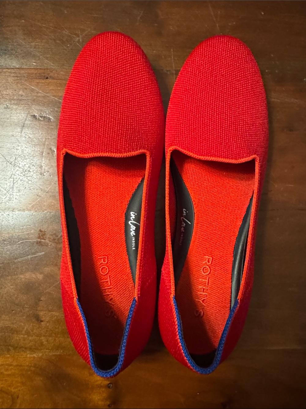 Rothy's Bright Red Knit Loafers with Blue Trim